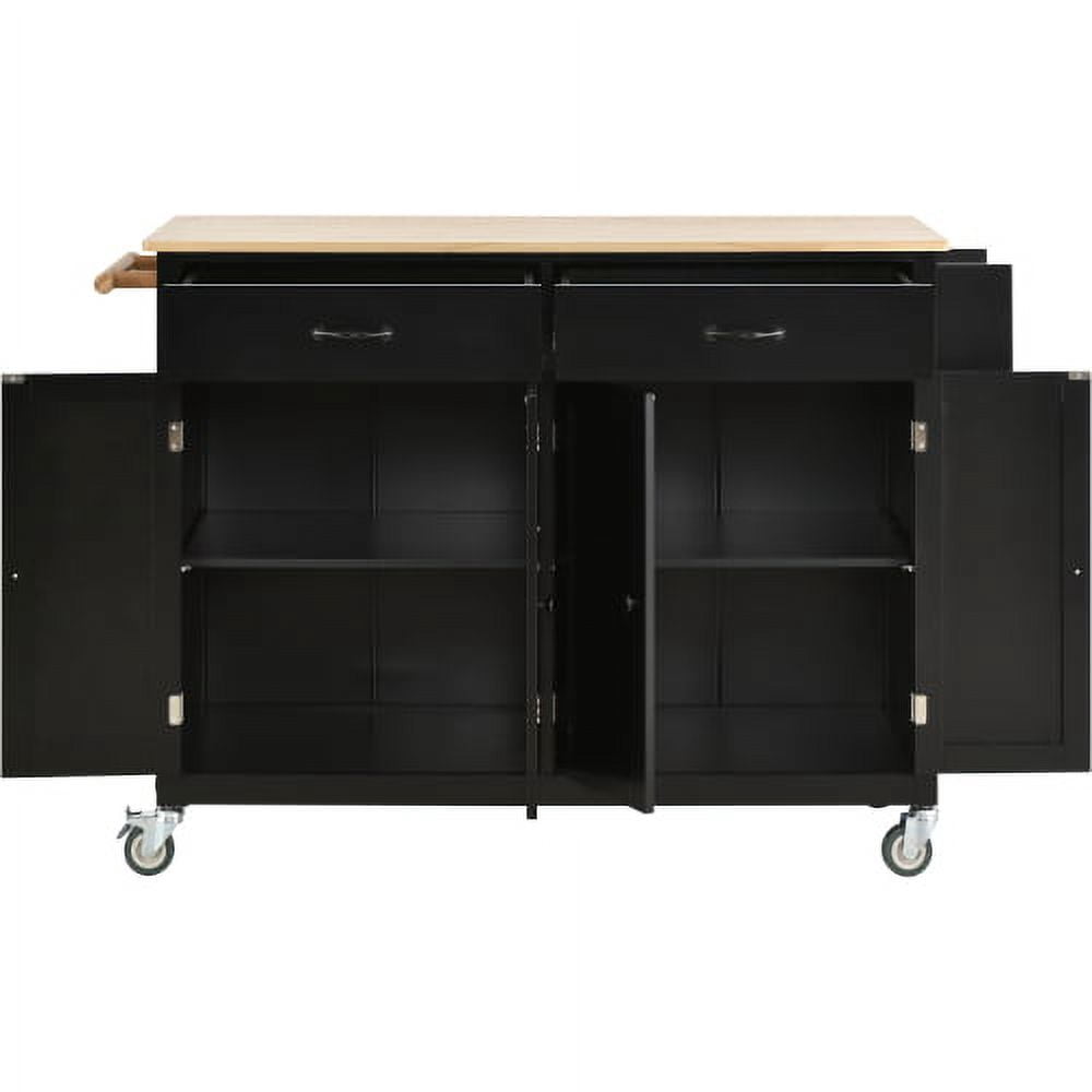 AVAXA 54.3 Inch Width Kitchen Island Cart with Solid Wood Top and Locking Wheels, 4 Door Cabinet and Two Drawers, Spice Rack, Towel Rack, Black