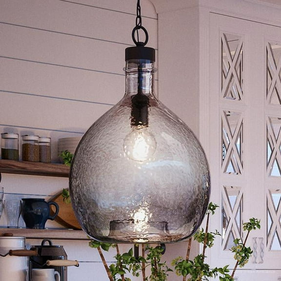 Urban Ambiance Luxury Bohemian Pendant, Size: 20-3/8"H x 13"W, with Farmhouse Style Elements, Charcoal Finish and Smoked Textured Shade, UHP2770