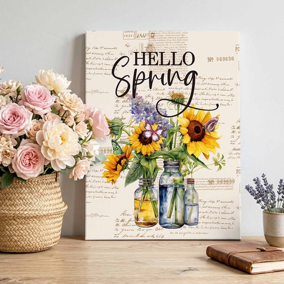 Canvas Wall Art Hello Spring Canvas Art Print Sunflowers Lavender Pictures Wall Decor for Living Room Bedroom Artwork Decorations Stretched Framed Ready to Hang 12"x18"