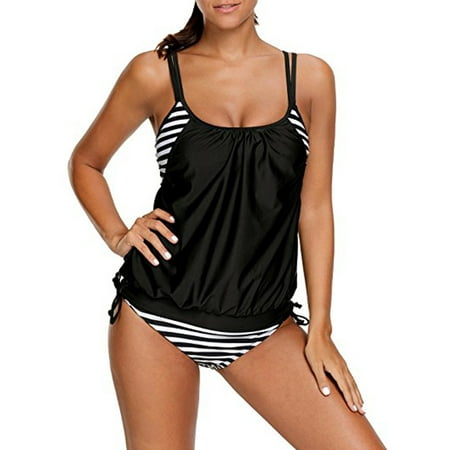 Shirred Tankini Top - Women's Stripes Lined Up Double Up Tankini Top Bottom Panty Two Pieces Sets Swimwear