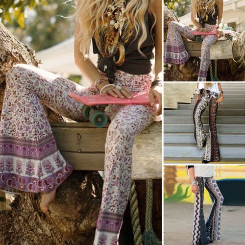 Women Floral Hippie High Waist Wide Leg Long Flared Casual Bell Bottom Pants