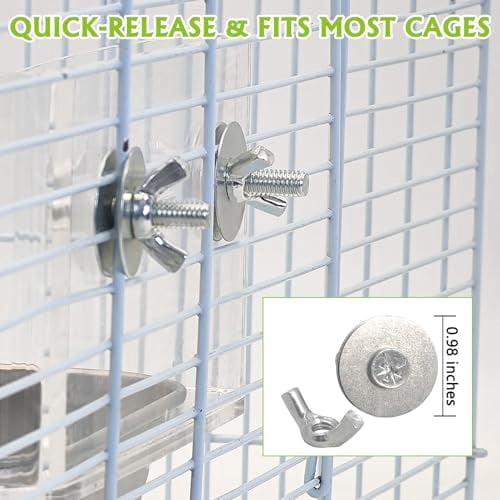 Bird Feeder for Cage with Double Stainless Steel Food & Water Bowls Anti-Slip Wood Perch Stand with No Mess Acrylic Seed Catcher for Parrot, Budgie, Parakeet, Lovebird, Canary, Finch,Conure