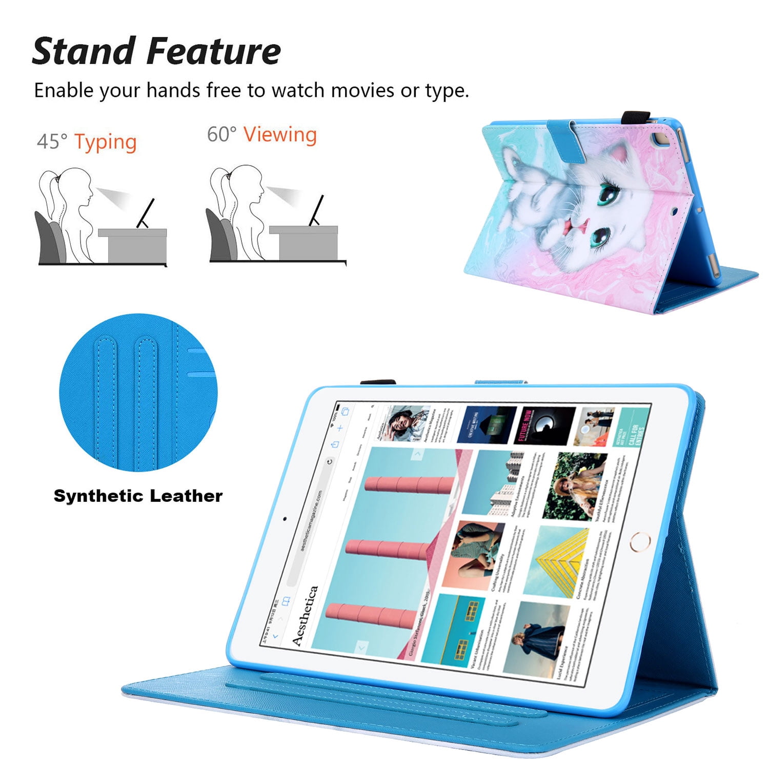 Allytech iPad 10.2 7th Generation Cases Covers, PU Leather Folio Flip Kickstand Auto Sleep Wake Protection Scratch Resistant Cards Slots Pencil Holder Case Cover for Apple iPad 10.2", White Cat
