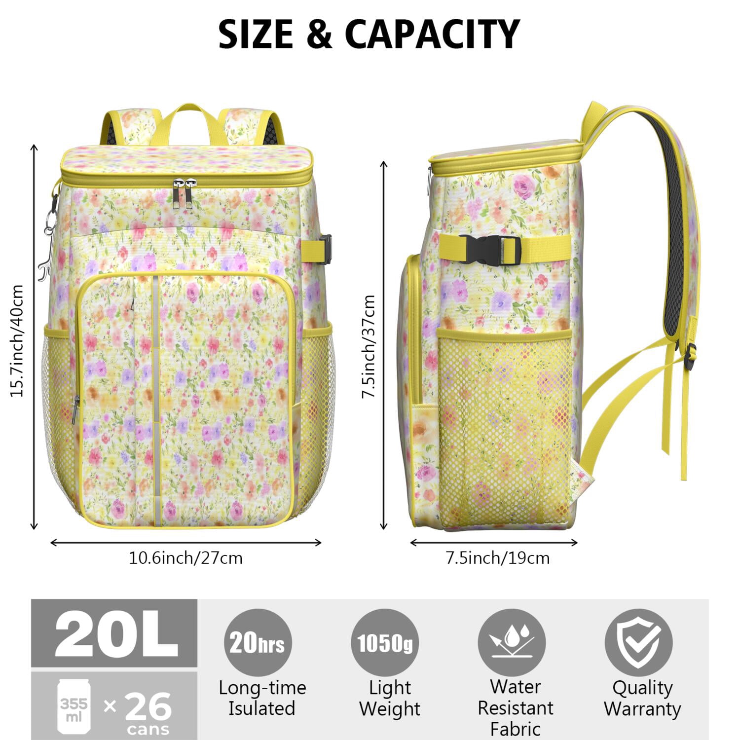 Travel Cooler Bag - Pioneer Flower Floral Print Pattern Camping Beer Cooler Backpack with Bottle Opener- Waterproof Insulated Picnic Backpacks - Cooler Bag for Beach