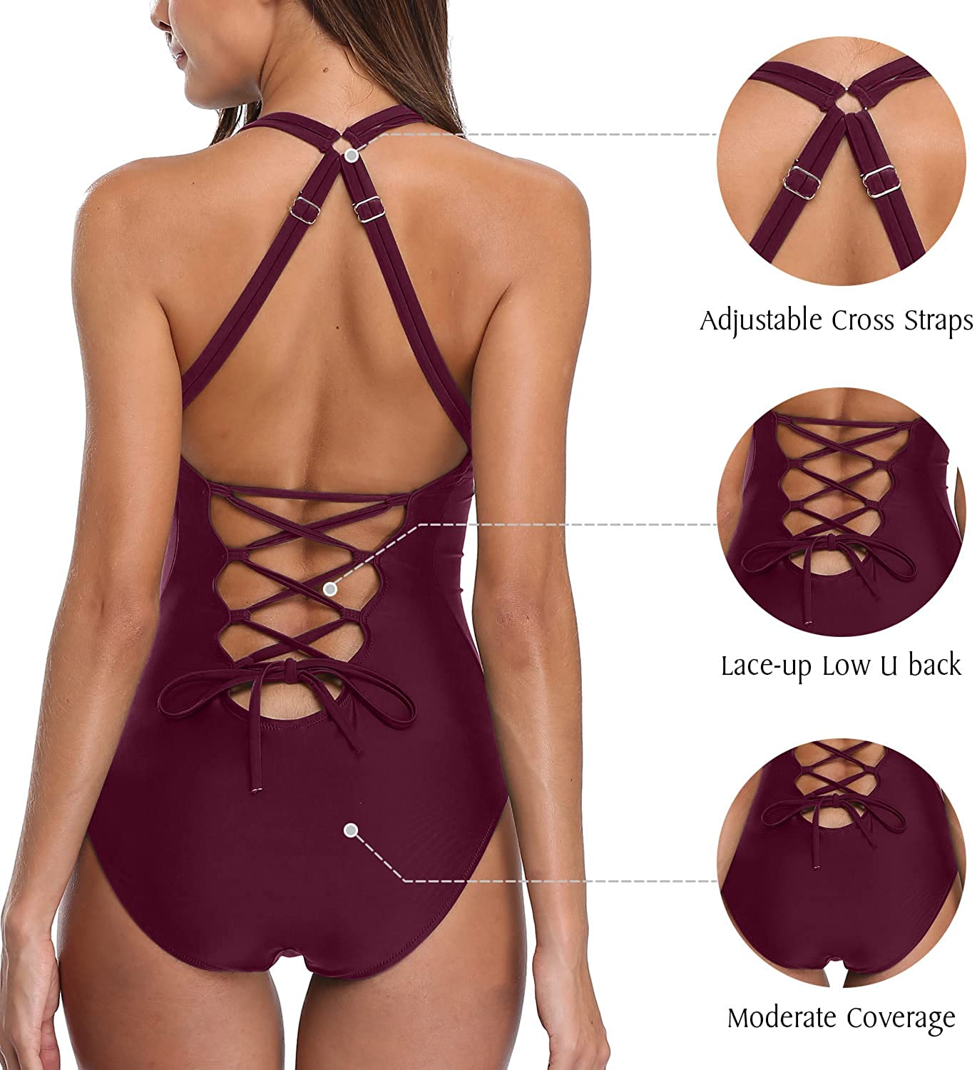 Charmo V Neck One Piece Swimsuits Lace-up Back Monokini Bathing Suit for Women - image 4 of 6