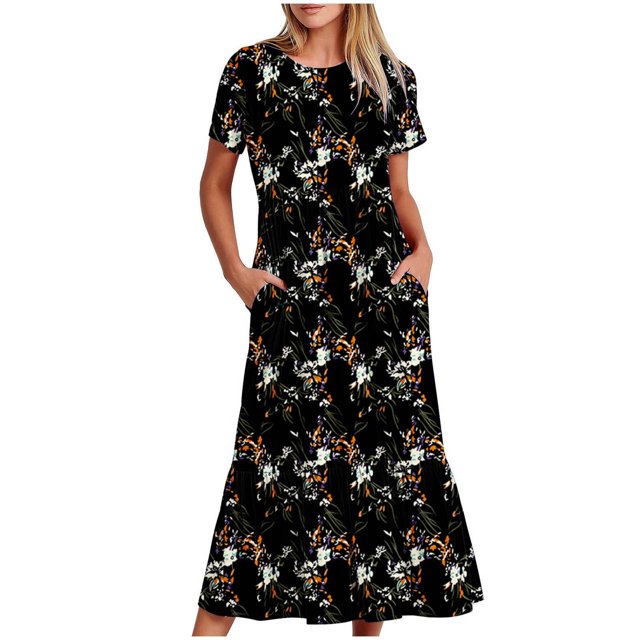Dvkptbk Robes d'Été pour Femmes 2024 Mode Décontractée Bohème à Fleurs Robes de Plage Manches Courtes Col Rond Robe d'Été Fluide Maxi Robe de Plage Longue Robe Midi de Plage avec Poches P-2TG