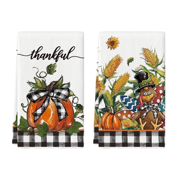 Sm:)e Thankful Buffalo Plaid Turkey Pumpkin Thanksgiving Kitchen Dish Towel Set of 2