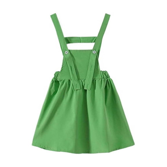 FINALGANG Girls Kids Solid Color Pinafore Dress Adjustable Shoulder Straps Button Detail Elastic Waist Flared Skirt Casual Summer Dress For Daily Wear Green 5-6 Years