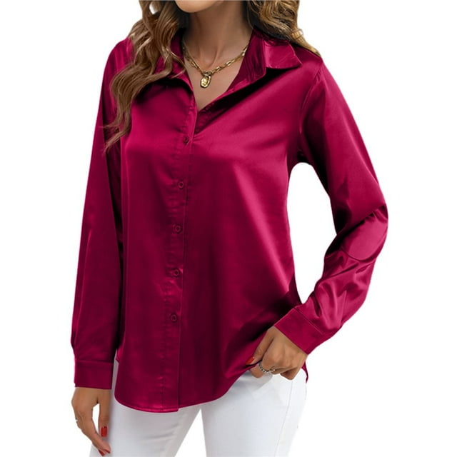 Blusas de Satén para Mujer, Camisas de Seda con Botones, Blusas Informales de Larga para Negocios Vino Tinto XXL
