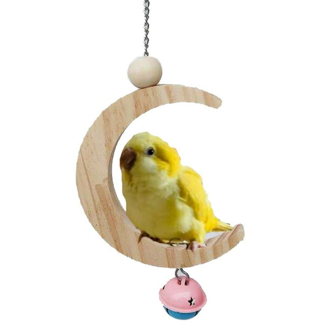 Wood Bird Swing Moon Shaped Fun Bird Hanging Swing Parrot Swing Perch with Bell