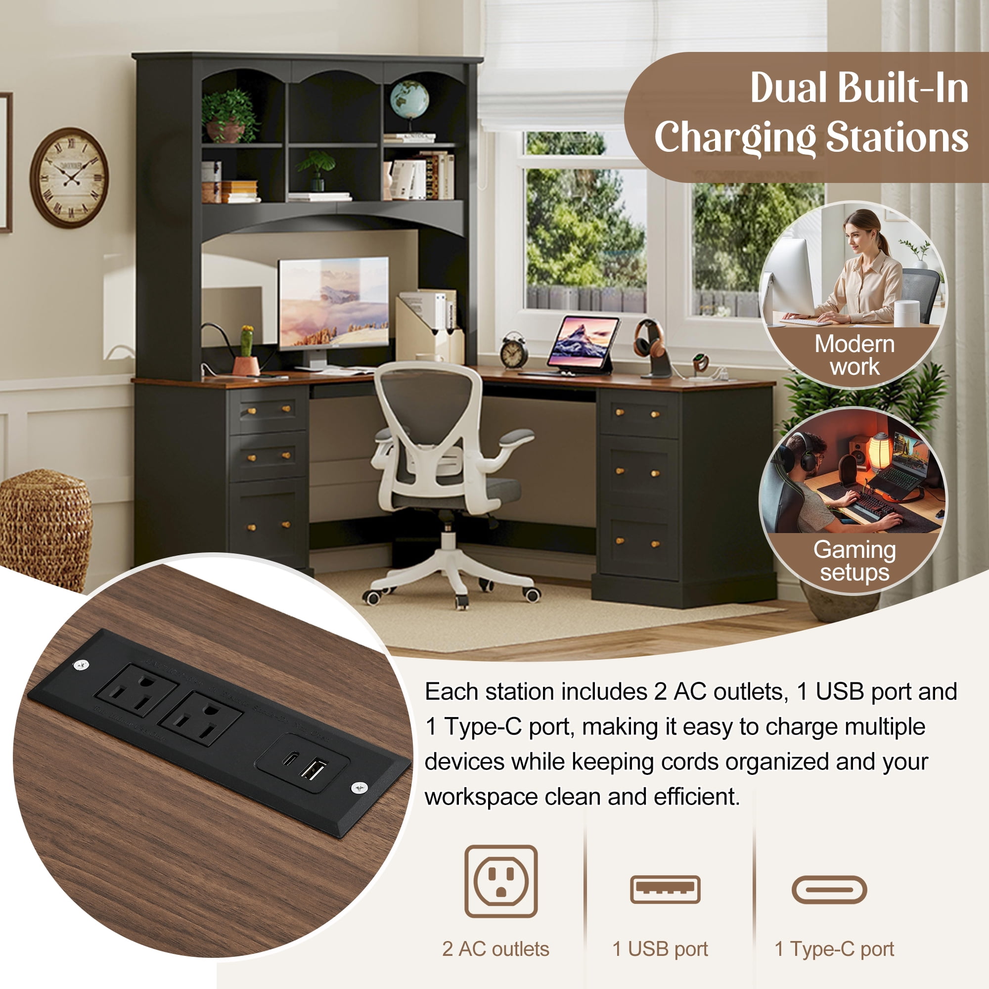 L Shaped Corner Computer Desk,Rustic Home Office Desk with Keyboard Tray & Charging Stations, All-in-One Home Office Desk with Arched Hutch for Bedroom,Black