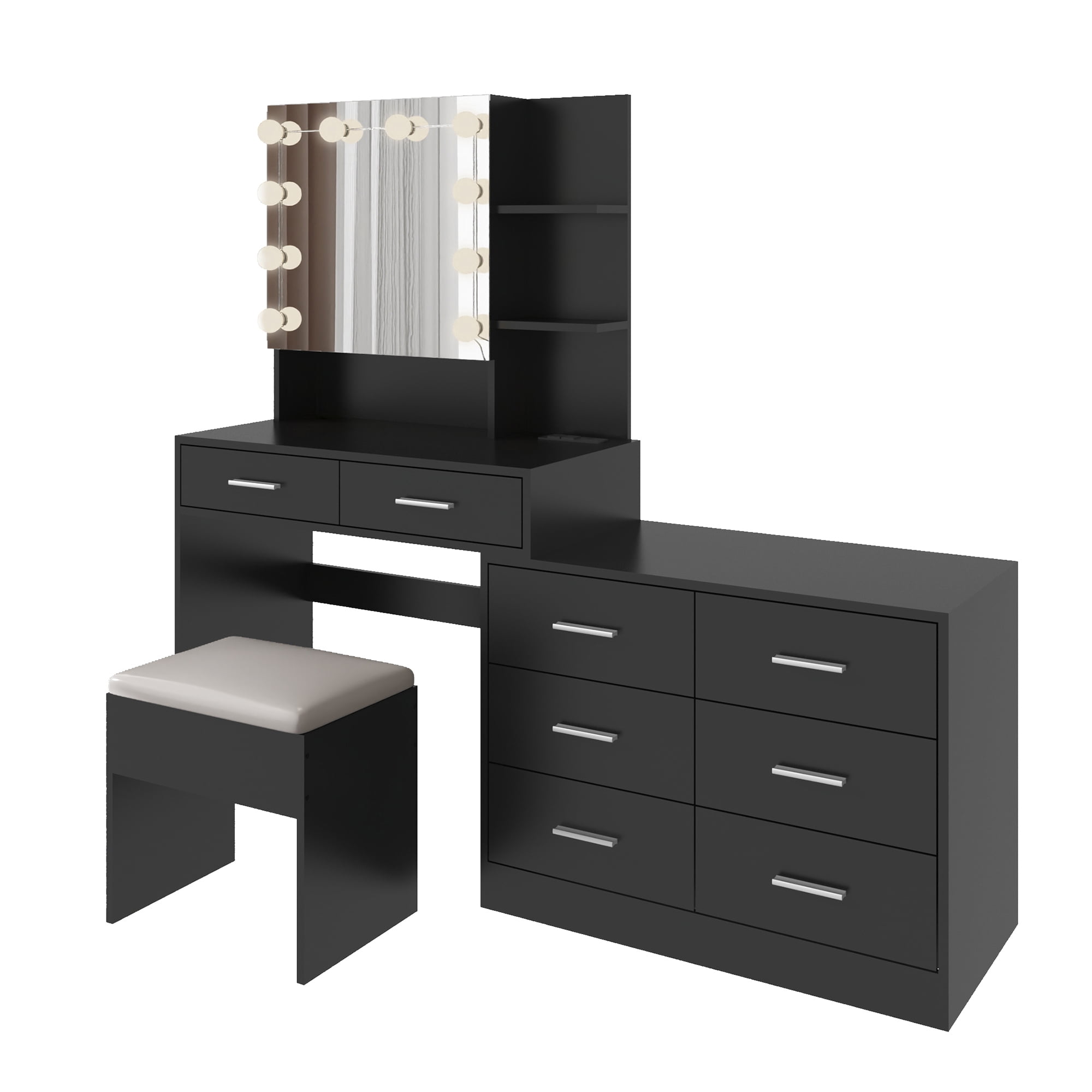 Ktaxon Makeup Vanity with 8 Drawers&Charging Station, Vanity Desk with 3 Color Light, Vanity Table Set w/ Drawer Dresser, Black
