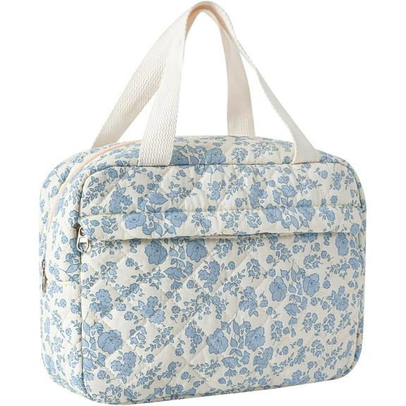 Large Size Quilted Coquette Makeup Bag, Cute Preppy Floral Cotton Travel Cosmetic Organizer Bag with Top Handle, Multi-Layer Travel Toiletry Pouch for Girls