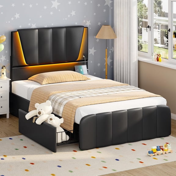 Twin Size Upholstered Platform Bed Frame with 4 Storage Drawers and LED Headboard No Box Spring Needed,Black