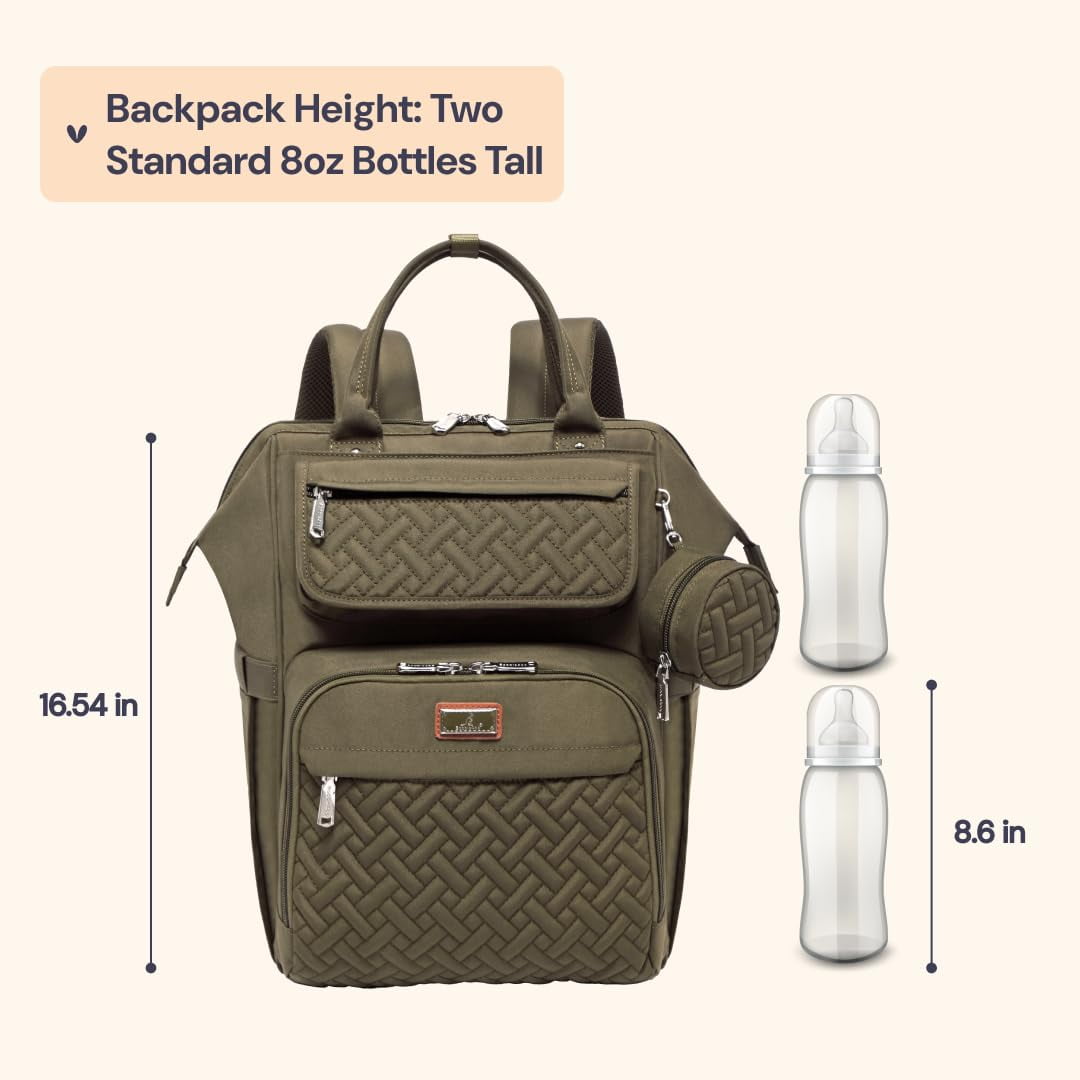 BabbleRoo Widetop Waterproof Diaper Backpack with Insulated Bottle Pockets, Polyester- Army Green