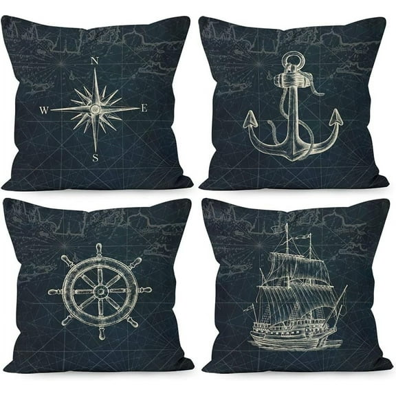 YUESHARE Navy Blue Coastal Nautical Anchor Ship Wheel Compass Linen Throw Pillow Covers 18 x 18 Inch Set of 4, Nautical Gifts for Home Room Bed Sofa Ship Decorations Decor