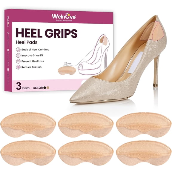Welnove 3 Pairs Gel Heel Grips for Women Men, Soft Heel Cushion Inserts for Shoes, High Heels, Pain Relief, Blister Prevention, Non-Slip, Beige