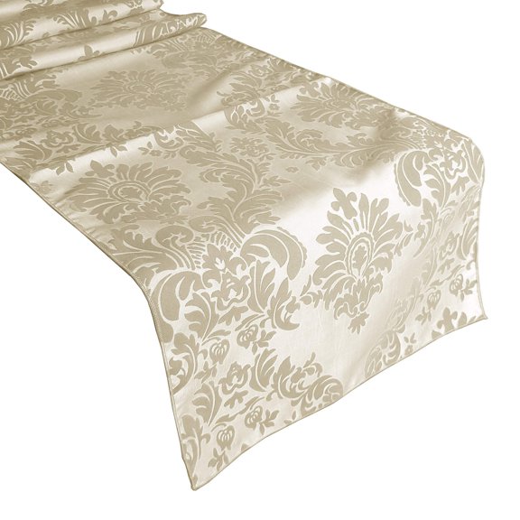 Flocked Damask Table Runner Ivory on Ivory