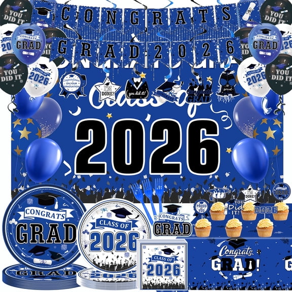 JESTAR 2026 Graduation Party Decorations Set, Backdrop, Banner, Ballons, Tablewares Set, Pack of 150, Black Blue