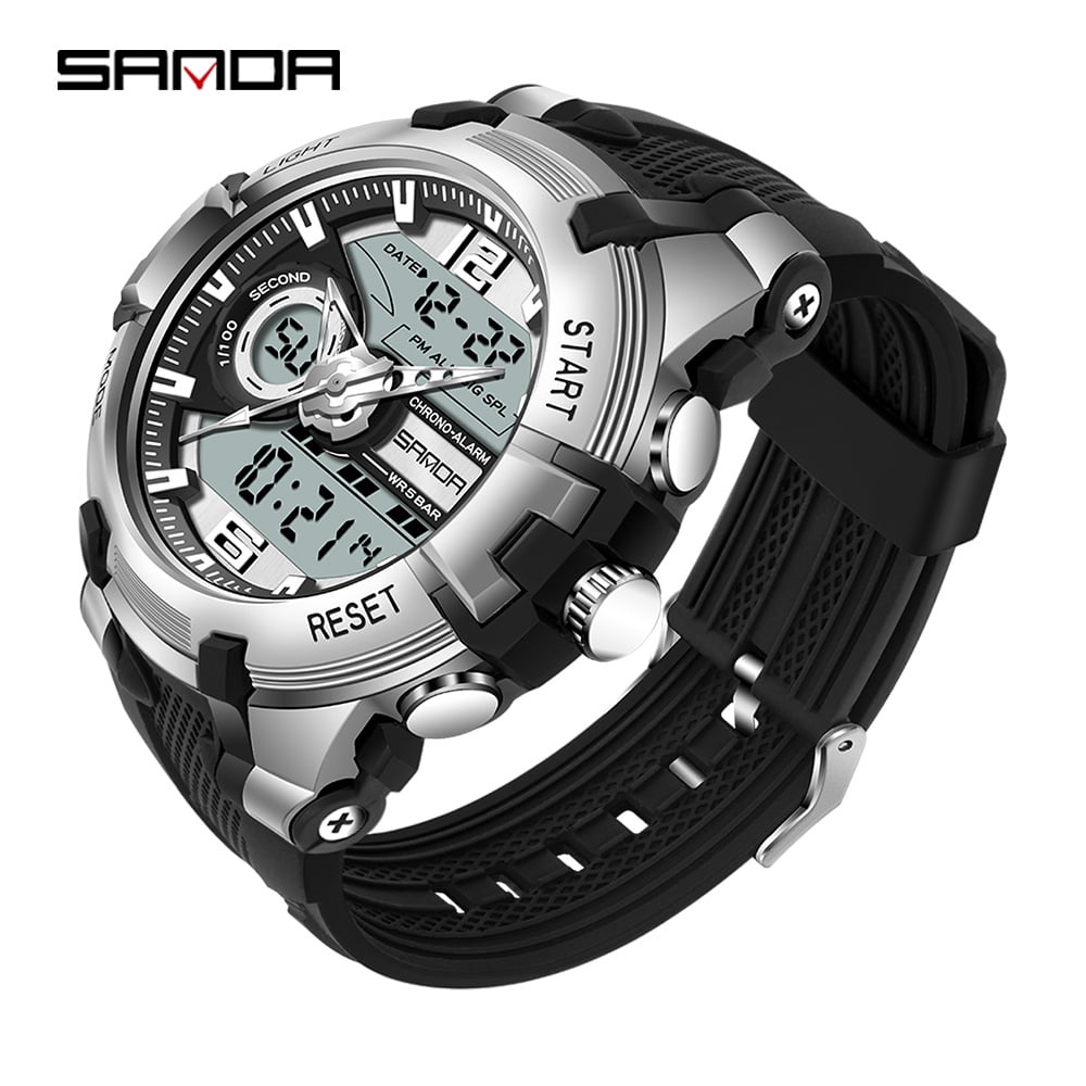 Sanda Men's Analog Sports Watch, LED Large Face Waterproof Wrist Watches, Dual Dial Digital Analog Watches for Men  6015