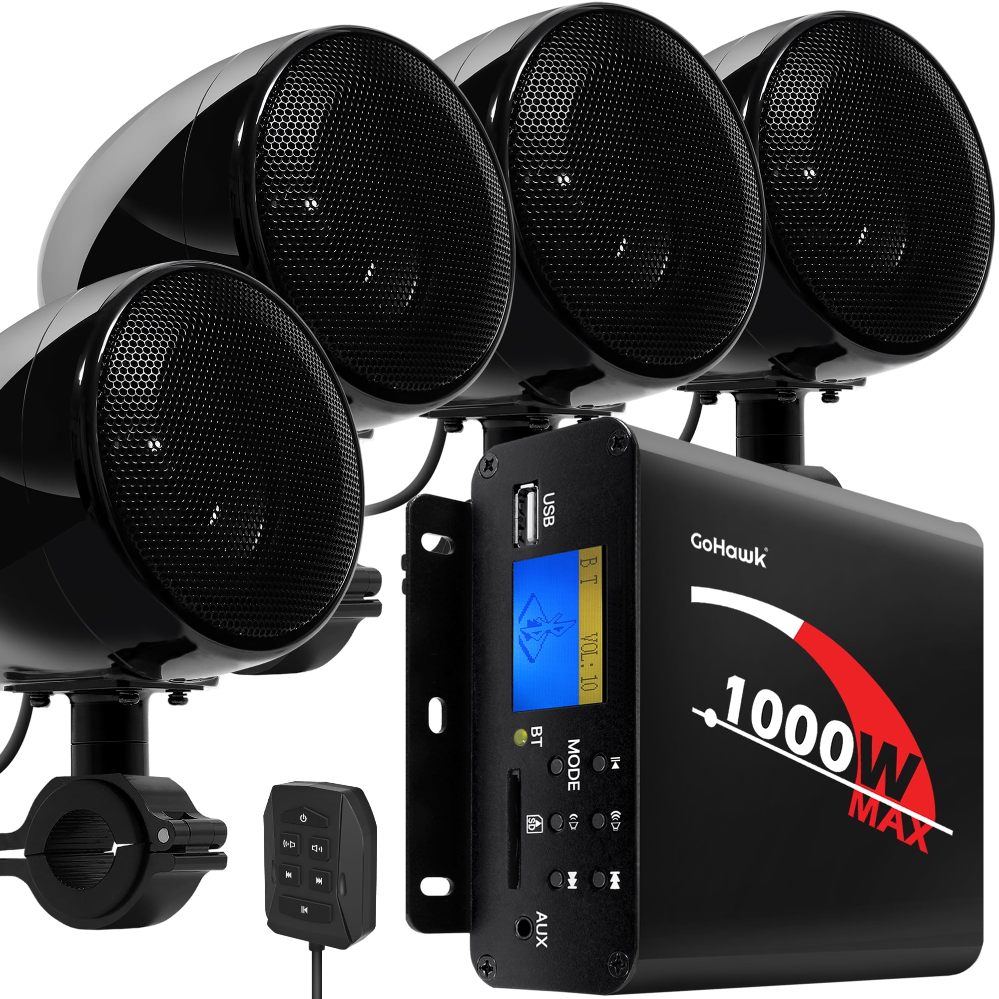 GoHawk TN4-Q 1000W 4 Channel Amplifier Waterproof Bluetooth Motorcycle Stereo 4 Speakers Audio System USB FM Radio Harley Touring ATV