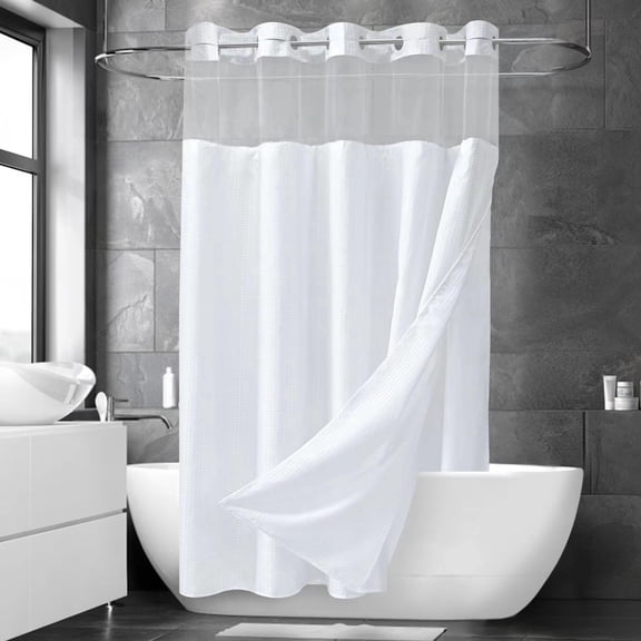 Ikfashoni White Hookless Shower Curtain with Snap in Liner, Waffle Weave Fabric No Hook Waterproof Mesh Window Bathroom Curtain, 72"X74"
