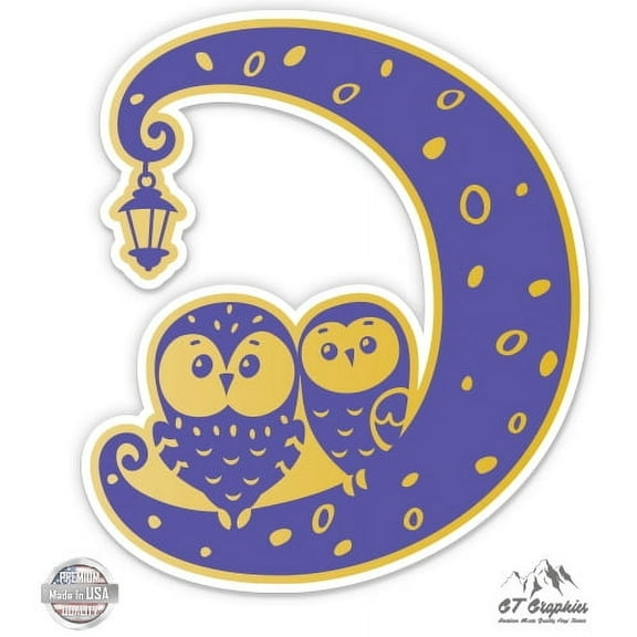 Owls Cute Moon - 3" Vinyl Sticker - For Car Laptop I-Pad Phone Helmet Hard Hat - Waterproof Decal