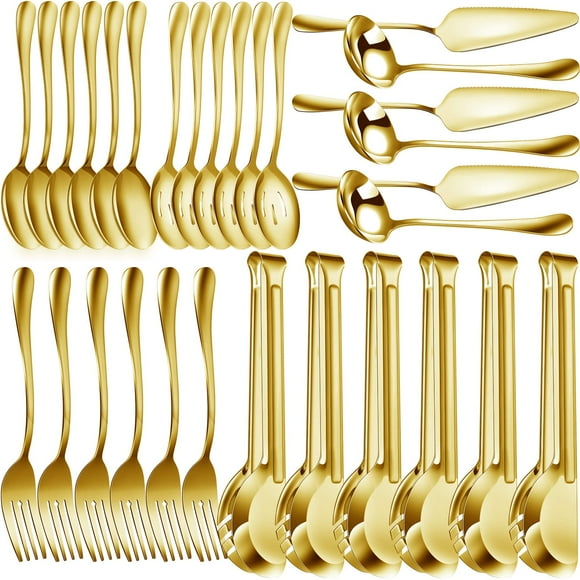 Thenshop 30 Pcs Stainless Steel Serving Utensils Set Flatware Set Include Large Serving Spoons Slotted Spoons Forks Soup Ladle Pie Server and Tongs for Buffet Party(Gold)
