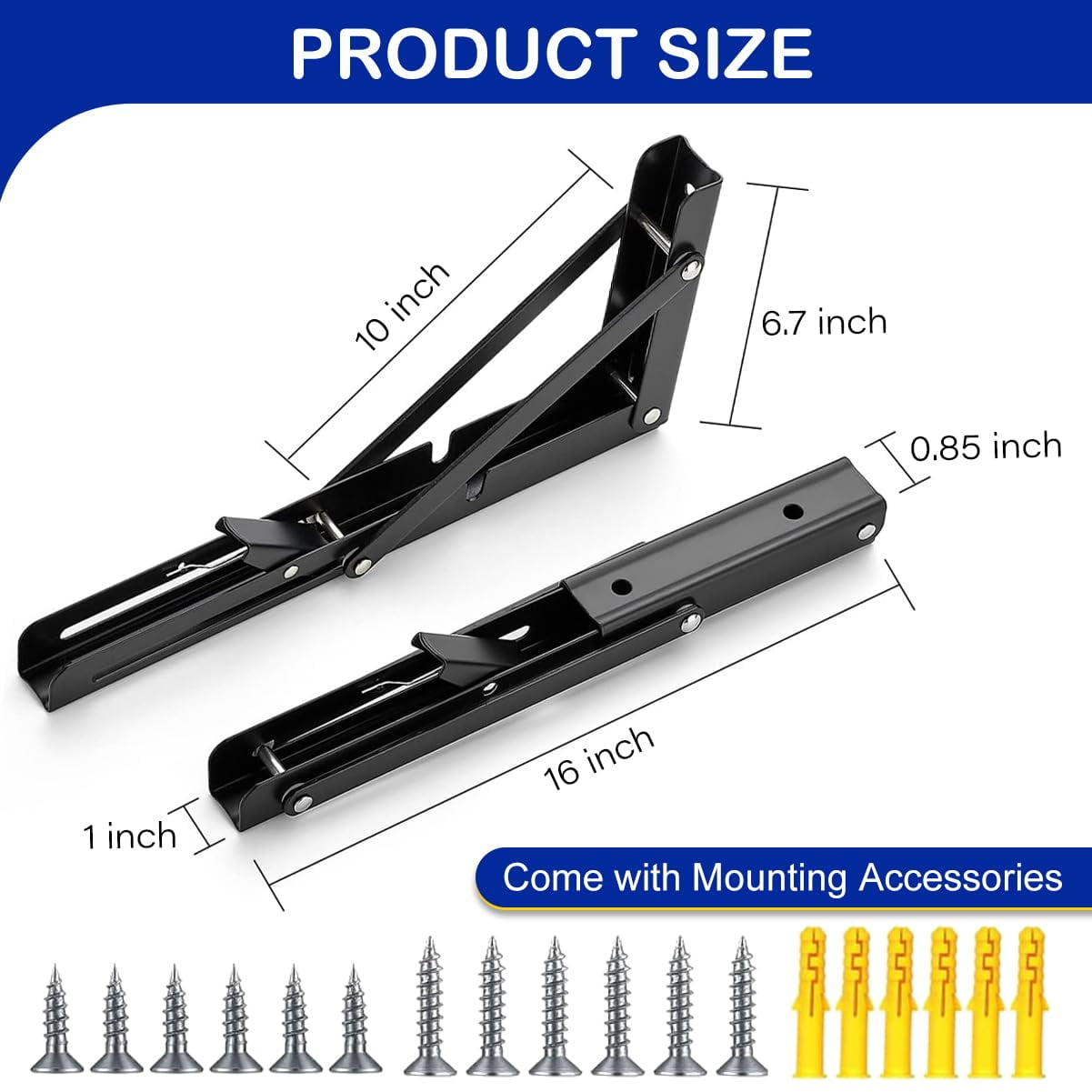 Folding Shelf Brackets, 2 Pcs Matte Black Collapsible Stainless Steel Heavy Duty Brackets for Table Bench, Space Saving DIY Bracket with Screws, Max Load 330 lb (Black, 12 in)