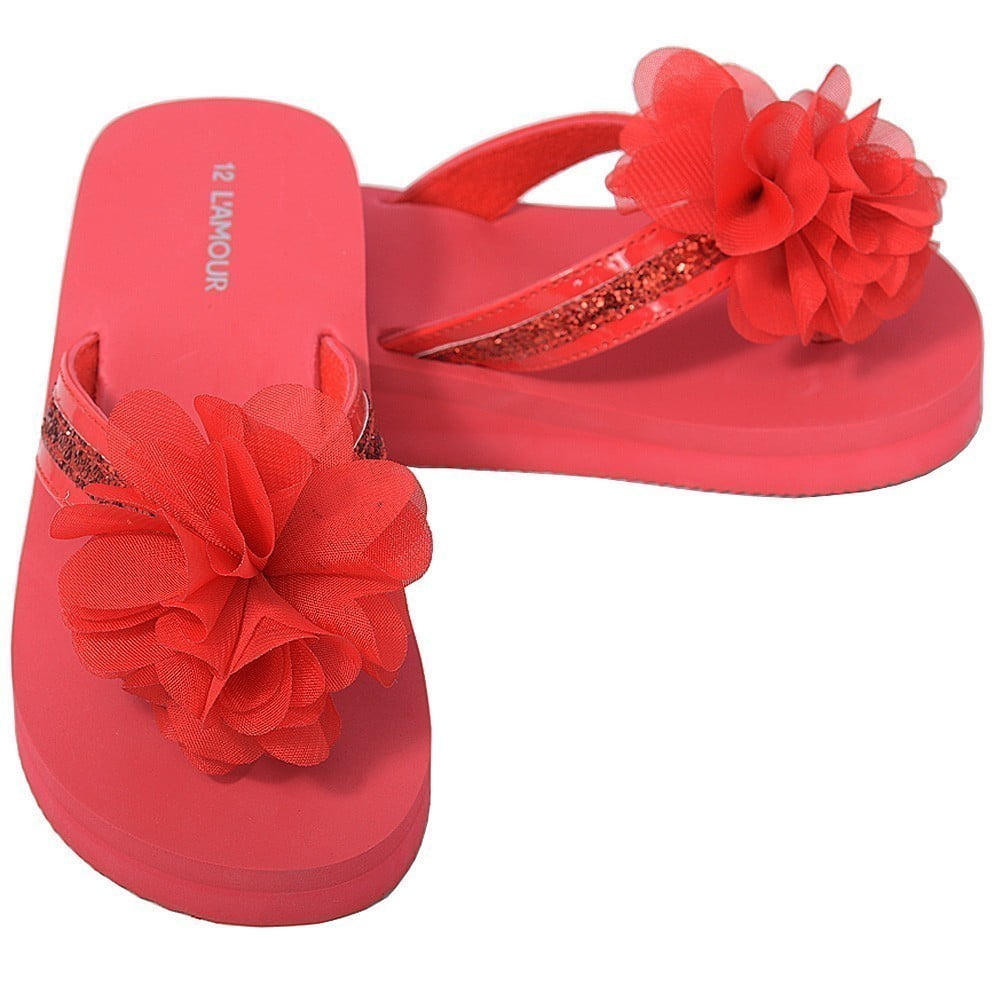 LAmour Little Girls 1 Black Sequin Strap Flower Flip Flop Sandals