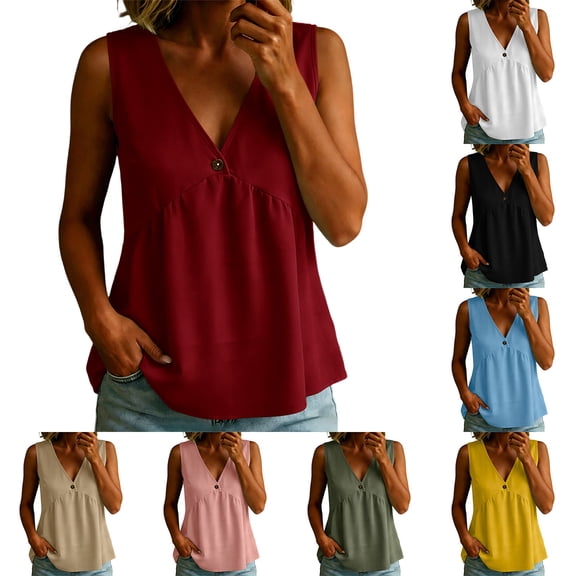 Miqool Women's Peplum Tank Tops Summer Dressy Casual Sleeveless V Neck Button Ruffle Hem Flowy Babydoll Shirts Beach Vacation Blouses
