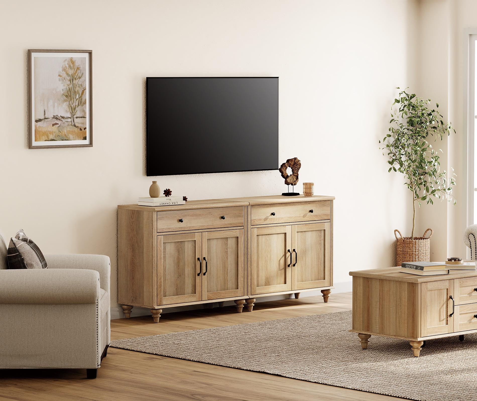 WAMPAT Large TV Stand for 75 inch TV with 4 Doors and 2 Drawers, Wood Universal TV Console Table with Storage Cabinets, Entertainment Center TV Console Table for Living Room & Bedroom, Oak