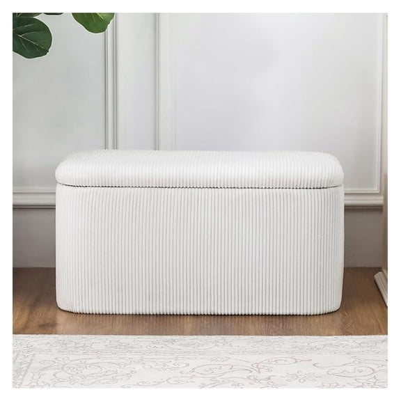 31.8" End of The Bed with Storage, Boucle Storage Ottoman for Bedroom, Large Oval Ottomans Entryway, Modern Foot Rest Footstool, Living Room Soft Oval Coffee Table, White