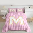 thumbnail image 3 of Feelyou Fashion Pink Stripes Bedding Comforter Set for Teen, Initial M Letter Twin Comforter Sets, Cute Princess Cartoon Reversible Bedding Set, Breathable Home Decor, 2pcs, 3 of 9