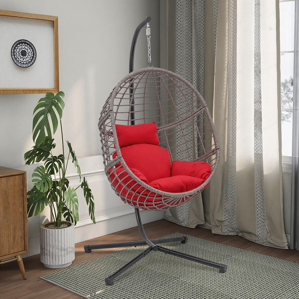 Abble Indoor Outdoor Wicker Hanging Egg Chair with Stand, Gray Swing Chair with Red Cushion