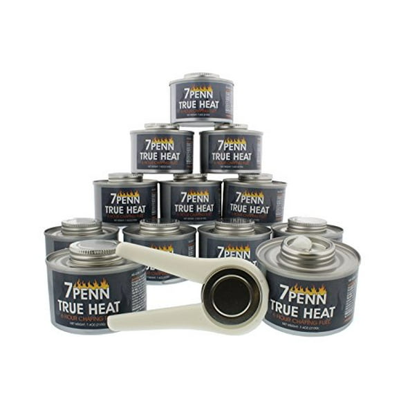 7Penn Liquid Safety Fuel True Heat 6 Hr Cooking Fuel 12pk & Lid Opener - Food Warming Wick Chafing Dish Burner Cans