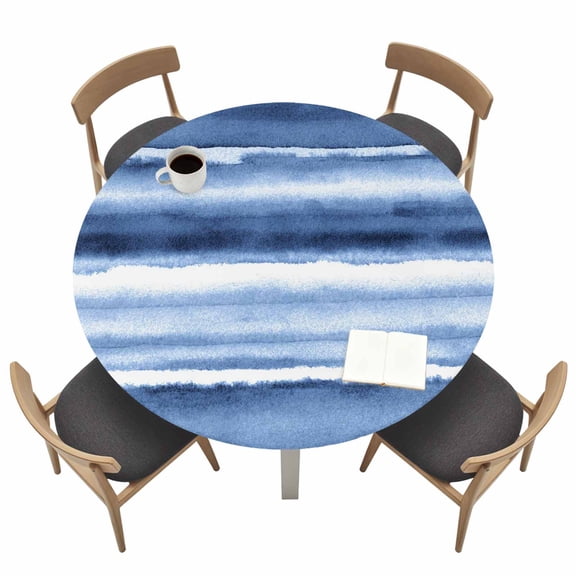 Blue Stripes Fitted Tablecloth with Elastic Edged, Round Table Cloth for Dining Table, Watercolor Retro Ombre Abstract Tie Dye Art Waterproof Oil Proof Table Cover for Indoor Outdoor 45"-54"
