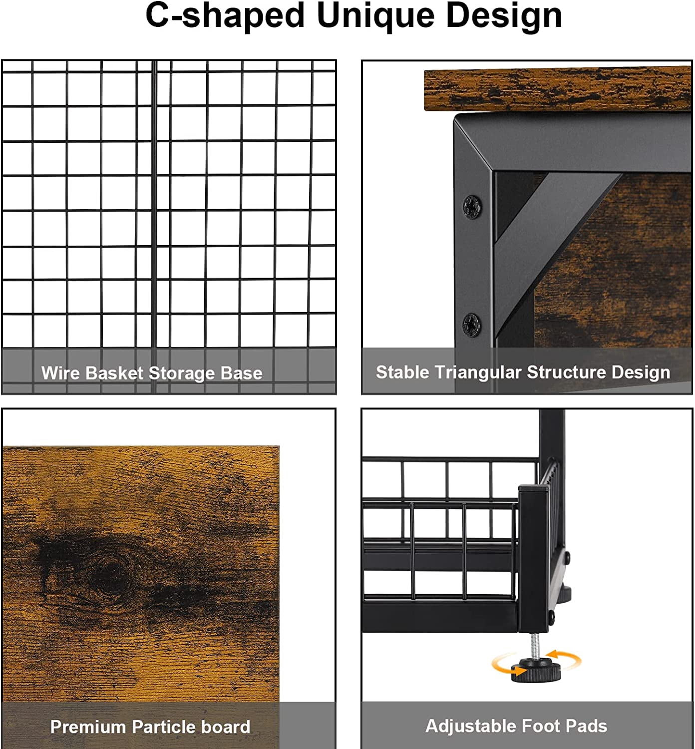 C-Shaped End Table with Charging Station and USB Ports, with Storage Basket and Rustic Brown Wood Top