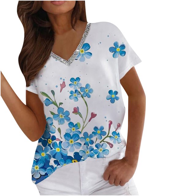 Blusa informal de manga corta con estampado floral y cuello en V de verano para mujer Fridja hjk4741