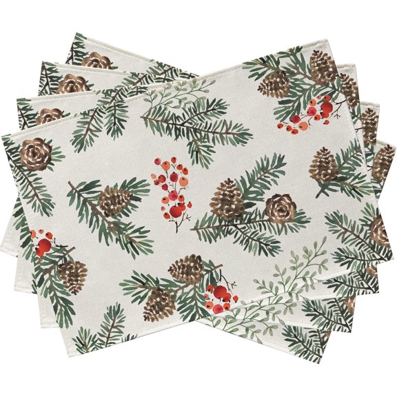 Winter Pine Cone Needle Branch Berry Placemats Set of 4, Watercolor Botanical Tabletop Dining Table Place Mats Home Kitchen Decor, Christmas Farmhouse Holiday Rustic Decoration 12 x 18 Inch