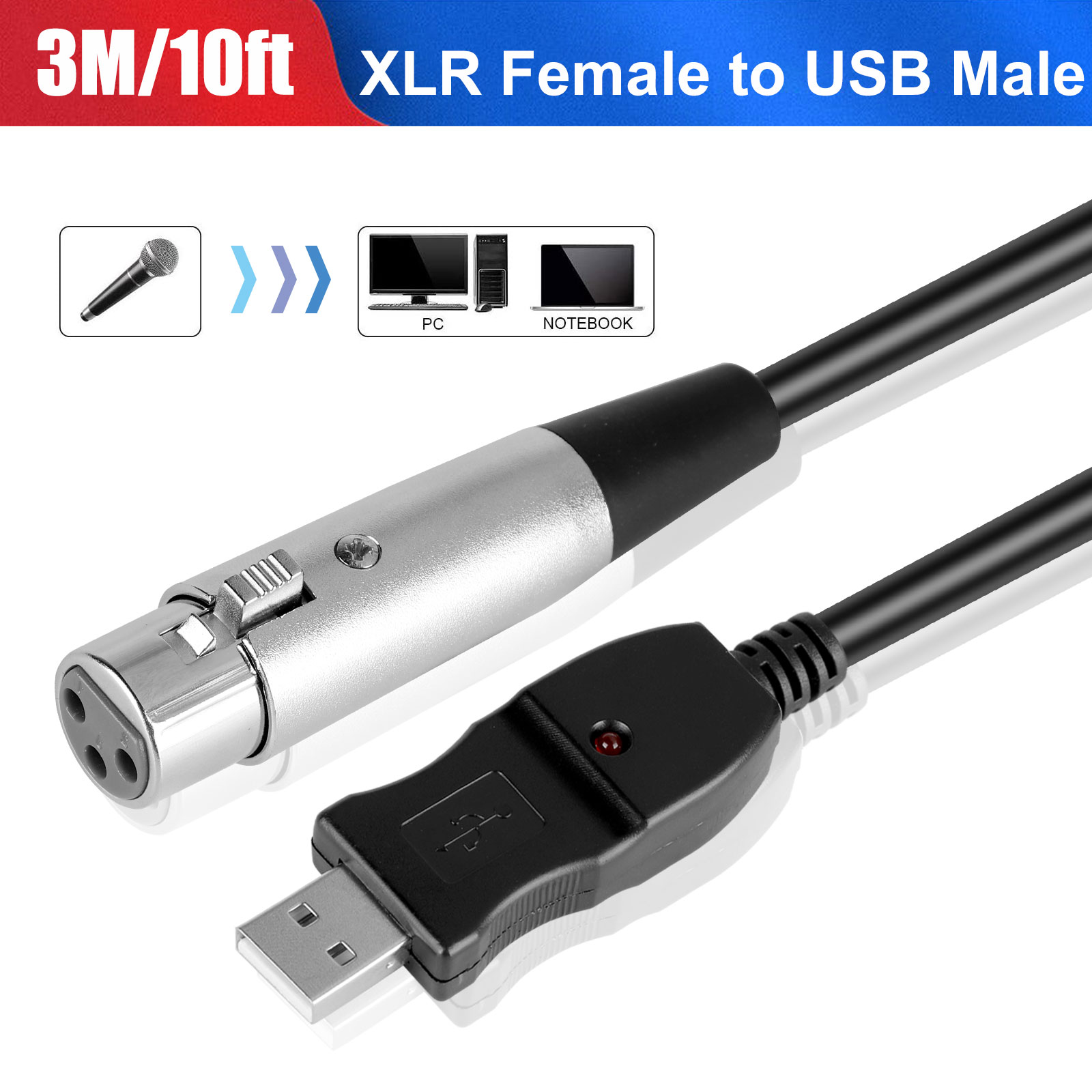 10ft USB Microphone Cable, 3 Pin XLR to USB Male Female Mic Link