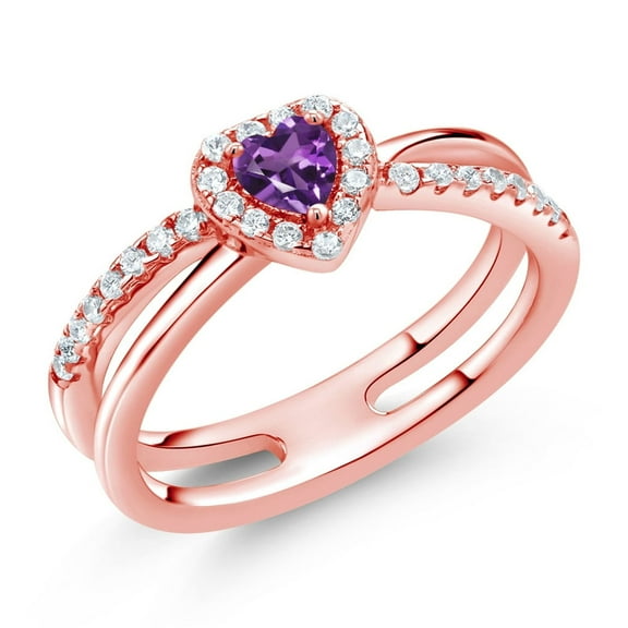 Gem Stone King 0.54 Ct Heart Shape Purple Amethyst 18K Rose Gold Plated Silver Ring (Size 9)