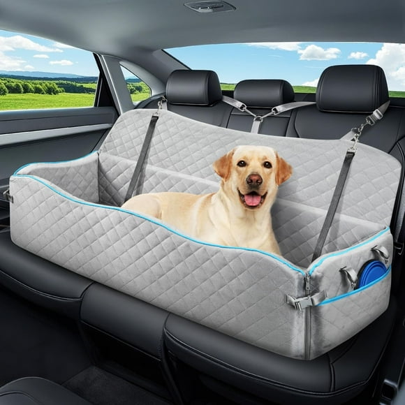 Large Dog Car Seat, Dog Car Bed for Large Dogs Under 120lbs, Booster Seat with Thick Cushion and 2 Pet Safety Leashes, Detachable & Washable Pet Bed for Backseat, Gray