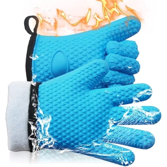 A pair of Kitchen Oven Gloves - Dual-Layer Heat Resistant Grilling Gloves, Silicone Oven Mitts with 5 Fingers, Waterproof Non-Slip Pot Holder for Barbecue, Cooking, Baking (Blue)
