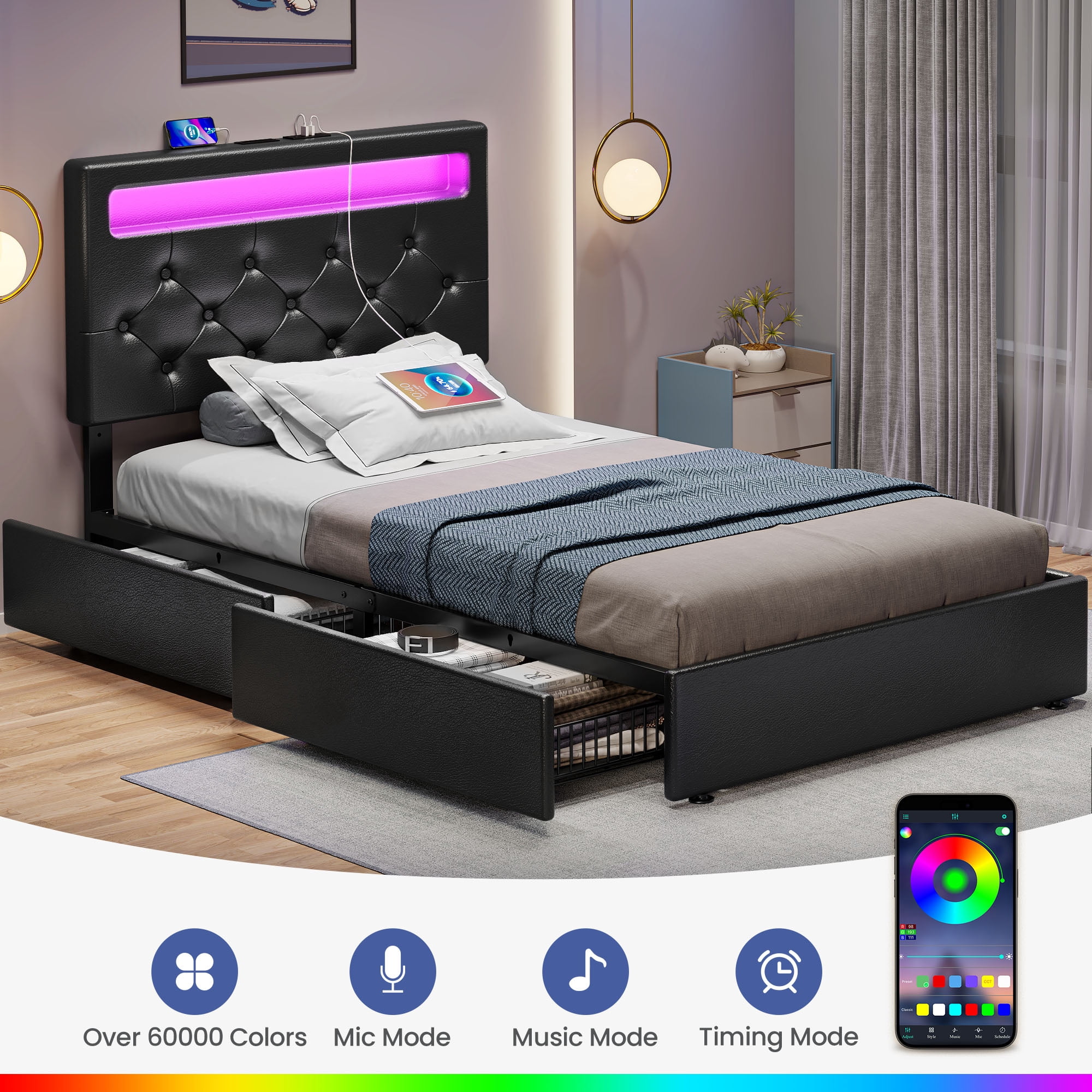 Greenstell Twin Bed Frame with 4 Drawers, Upholstered Platform Bed with LED Adjustable Storage headboard & Charging Station, Black