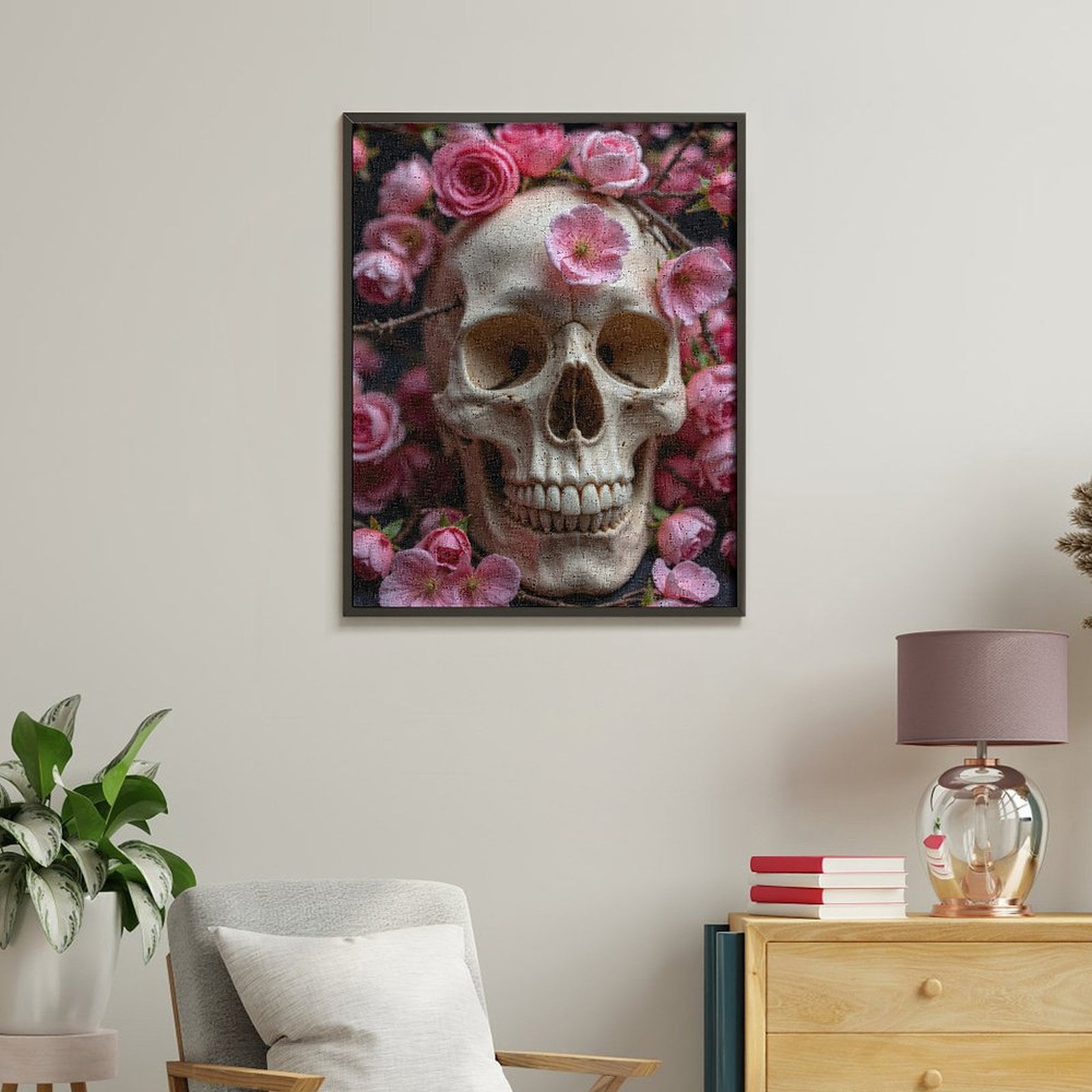 Paint By Numbers Kit for Adults Beginner - DIY Skull Floral Art Pink Blossoms Canvas Painting Kits for Adults, Frameless Paint By Number for Adults for Home Wall Decor 16x20 Inch