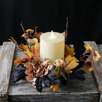 Kbndieu Halloween Candle Rings Wreaths Artificial Black Maple Leaf Pillar Candle Holder with Silk Flowers for Halloween Party Thanksgiving Home Table Centerpieces Indoor Decorations