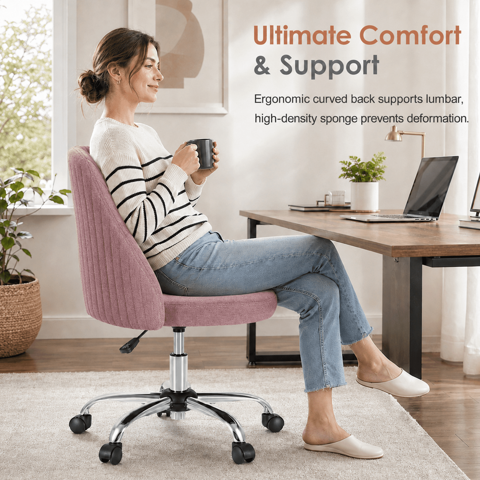 Alvantor Comfy Office Chair, Adjustable Swivel Desk Chair with Wheels, Wide Seating, Modern Fabric Vanity Chair