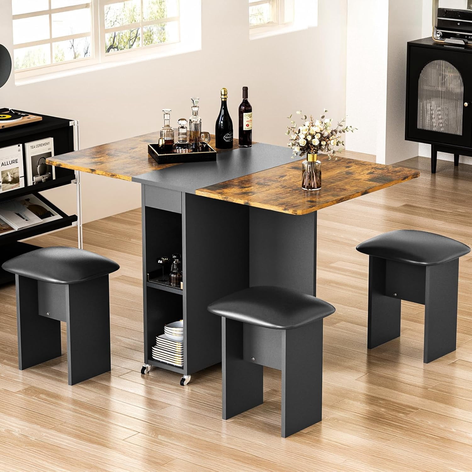 LinkRomat Folding Dining Table Set for 4, Kitchen Table with Shelves & 4 Leather Chairs, Space Saving Foldable Dining Table with 6 Wheel (Brown)