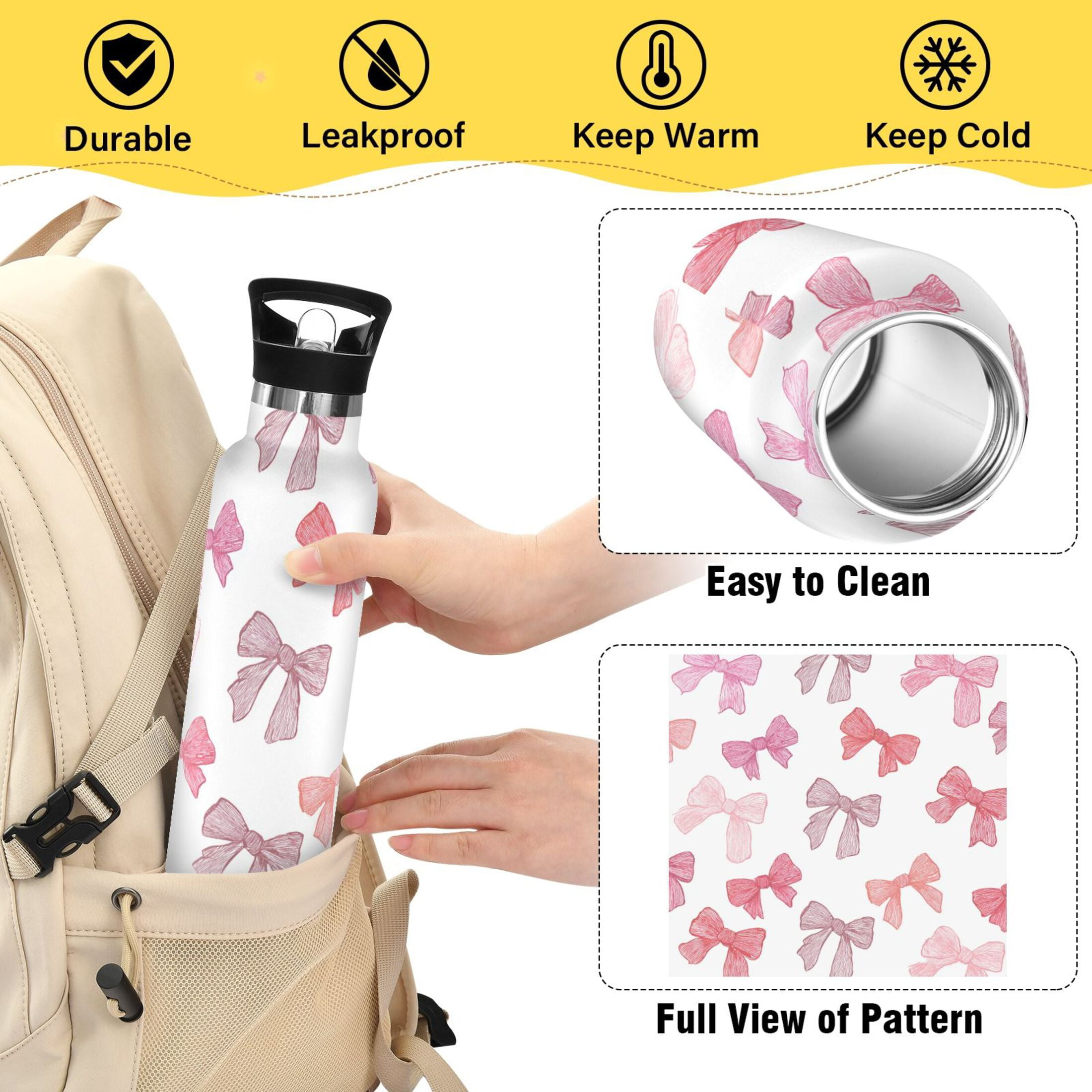 Kids Insulated Stainless Steel Sports Water Bottle 600ml (20oz) Pink Bows Pattern